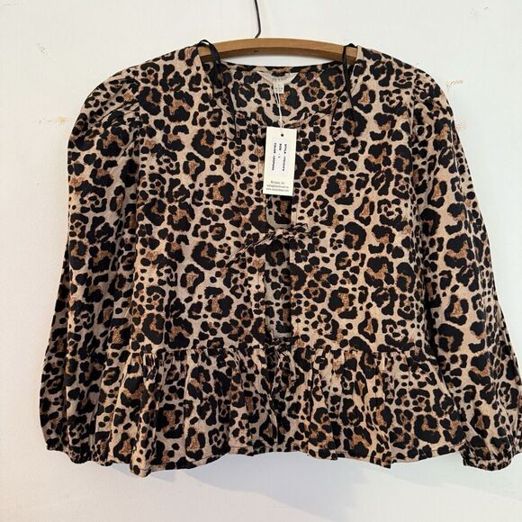Sim & Sam Leopard Print Babydoll Peplum Tie Front Long Puff Sleeve Boho Top NWT - Picture 2 of 6